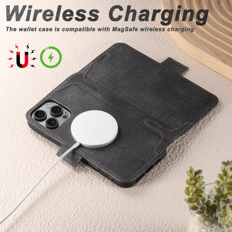 For iPhone 16 Pro Suteni J07 Multi-functional Horizontal MagSafe Denim Leather Phone Case(Black) - iPhone 16 Pro Cases by Suteni | Online Shopping South Africa | PMC Jewellery | Buy Now Pay Later Mobicred