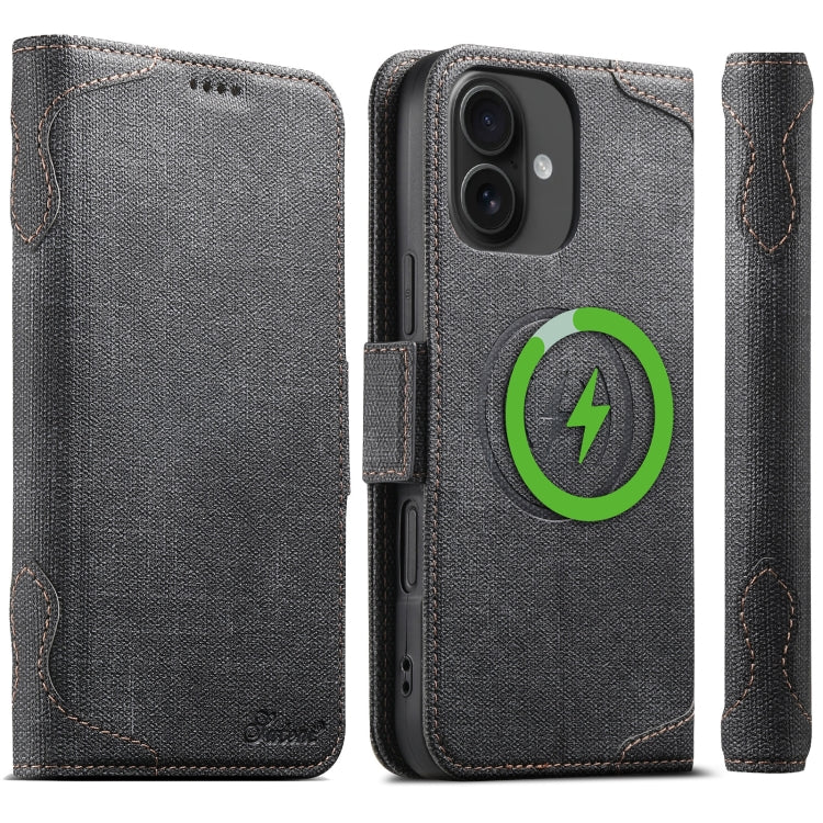 For iPhone 16 Suteni J07 Multi-functional Horizontal MagSafe Denim Leather Phone Case(Black) - iPhone 16 Cases by Suteni | Online Shopping South Africa | PMC Jewellery | Buy Now Pay Later Mobicred