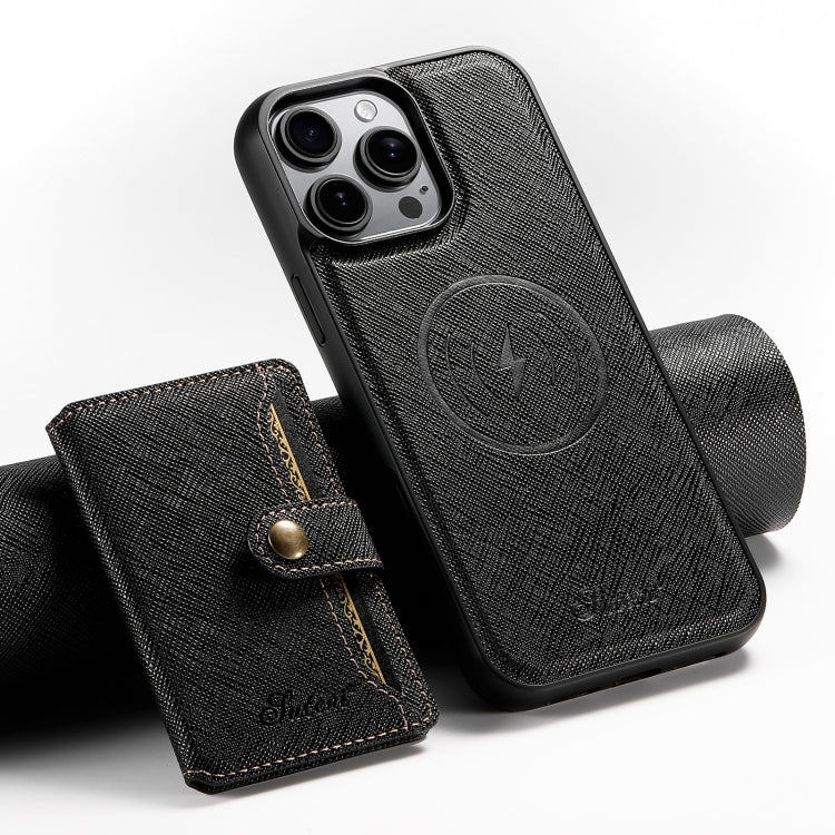 For iPhone 16 Pro Suteni H20 Cross-Grain MagSafe Horizontal Card Bag Back Phone Case(Black) - iPhone 16 Pro Cases by Suteni | Online Shopping South Africa | PMC Jewellery | Buy Now Pay Later Mobicred