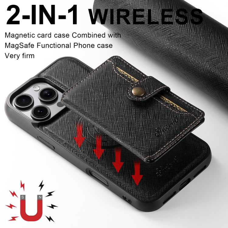 For iPhone 16 Suteni H20 Cross-Grain MagSafe Horizontal Card Bag Back Phone Case(Black) - iPhone 16 Cases by Suteni | Online Shopping South Africa | PMC Jewellery | Buy Now Pay Later Mobicred