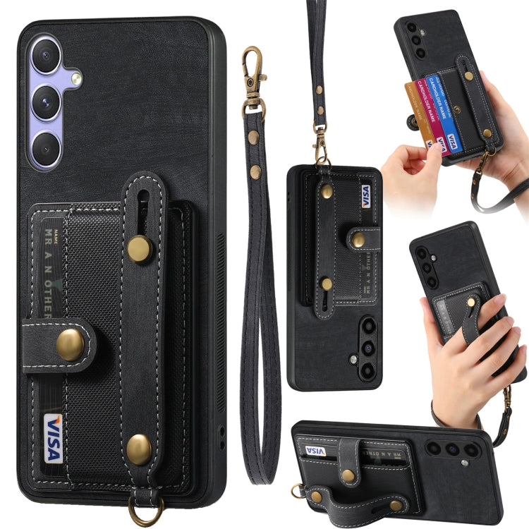 For Samsung Galaxy S25+ 5G Retro Cross Wristband Wallet Leather Back Phone Case(Black) - Galaxy S25+ 5G Cases by PMC Jewellery | Online Shopping South Africa | PMC Jewellery | Buy Now Pay Later Mobicred