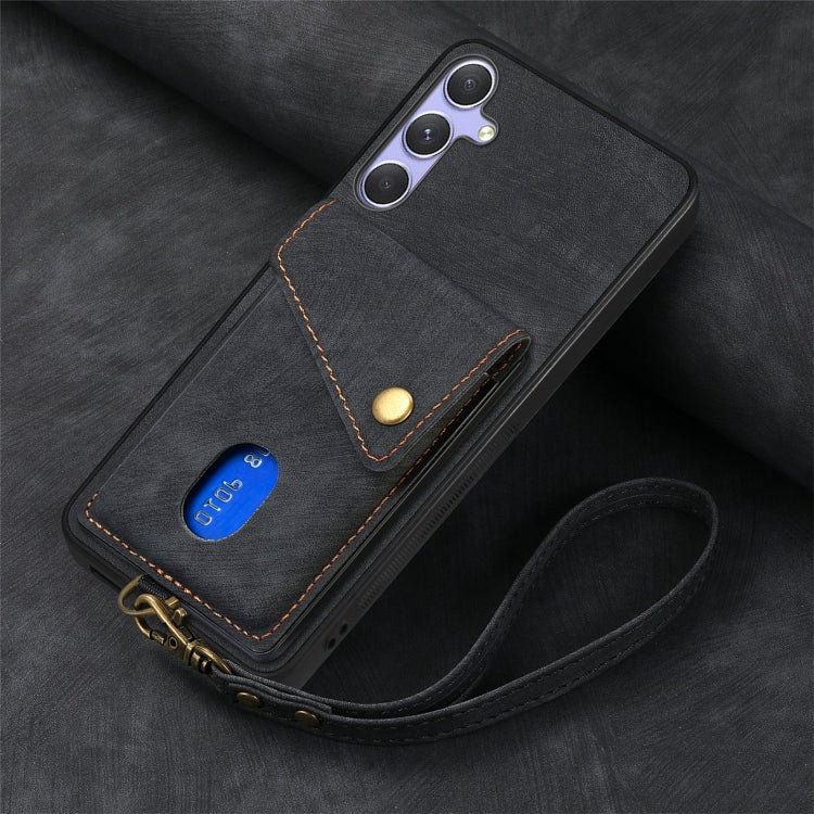 For Samsung Galaxy S25 5G Retro Card Wallet Fold Leather Phone Case with Strap(Black) - Galaxy S25 5G Cases by PMC Jewellery | Online Shopping South Africa | PMC Jewellery | Buy Now Pay Later Mobicred