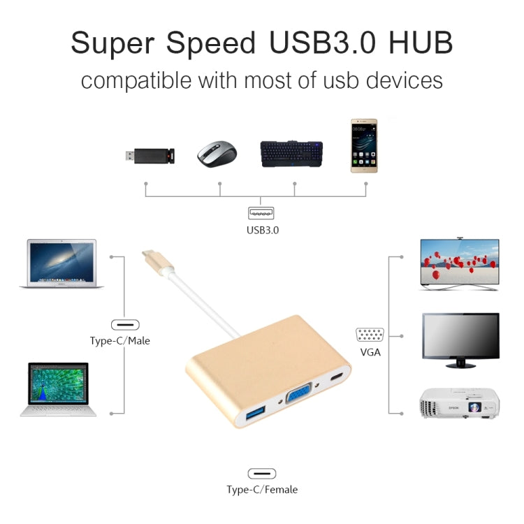 USB Type C to VGA 3-in-1 Hub Adapter supports USB Type C tablets and laptops for Macbook Pro / Google ChromeBook(Gold) - Cable & Adapters by PMC Jewellery | Online Shopping South Africa | PMC Jewellery | Buy Now Pay Later Mobicred