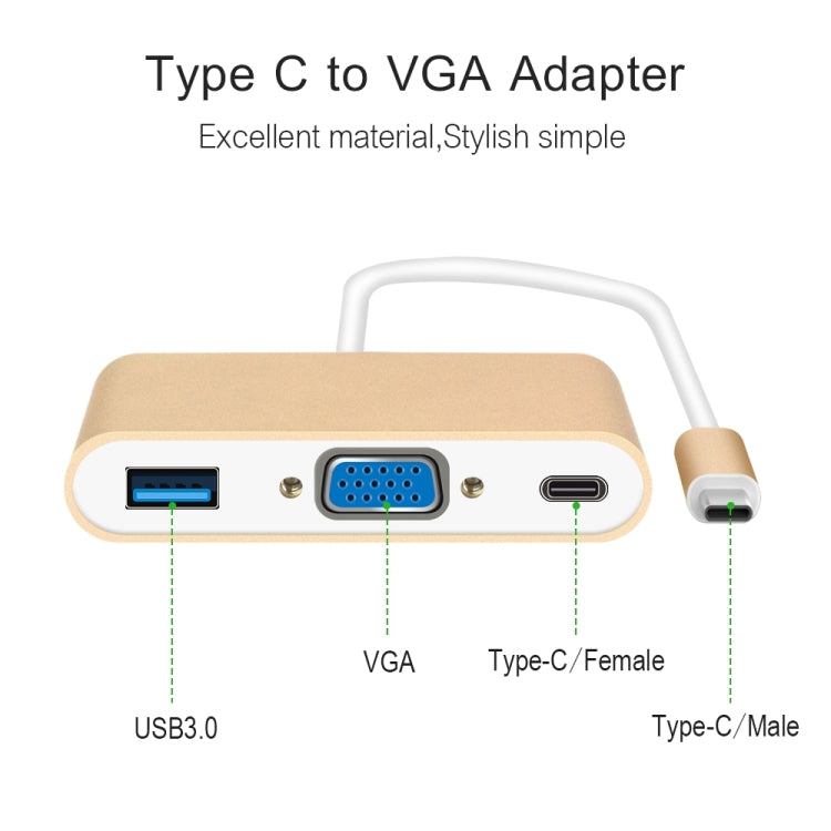 USB Type C to VGA 3-in-1 Hub Adapter supports USB Type C tablets and laptops for Macbook Pro / Google ChromeBook(Silver) - Cable & Adapters by PMC Jewellery | Online Shopping South Africa | PMC Jewellery