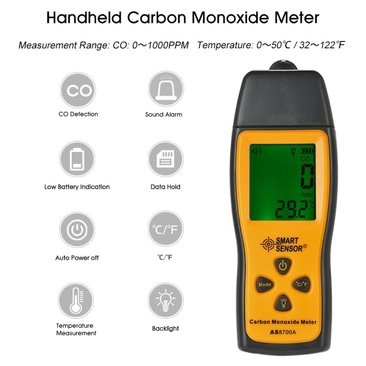 Smart Sensor AS8700A Handheld Carbon Monoxide Meter High Precision Digital CO Leak Detector Analyzer,  Sound  Light Alarm, Range: 0-1000ppm - Gas Monitor by BENETECH | Online Shopping South Africa | PMC Jewellery | Buy Now Pay Later Mobicred