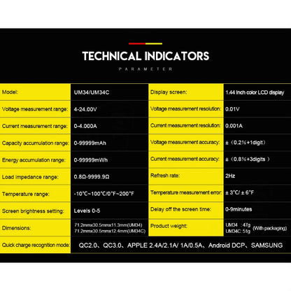 USB 3.0 Color Display Screen Tester Voltage-current Measurement Type-C Meter, Support Android APP, Model:UM34C with Bluetooth - Current & Voltage Tester by PMC Jewellery | Online Shopping South Africa | PMC Jewellery | Buy Now Pay Later Mobicred