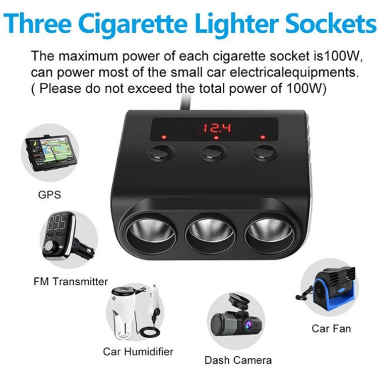 TR12 3 in 1 100W 4USB Car Cigarette Lighter with Switch Voltage Display(Black Red) - Cigar Socket by PMC Jewellery | Online Shopping South Africa | PMC Jewellery | Buy Now Pay Later Mobicred