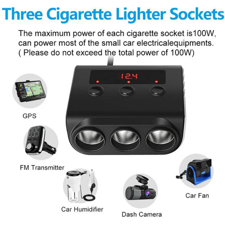 TR12 3 in 1 100W 4USB Car Cigarette Lighter with Switch Voltage Display - Cigar Socket by PMC Jewellery | Online Shopping South Africa | PMC Jewellery | Buy Now Pay Later Mobicred