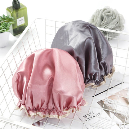 Lovely Thick Women Satin Colorful Double Waterproof Hair Cover Bathing Cap(Pink) - Bath Supplies by PMC Jewellery | Online Shopping South Africa | PMC Jewellery | Buy Now Pay Later Mobicred