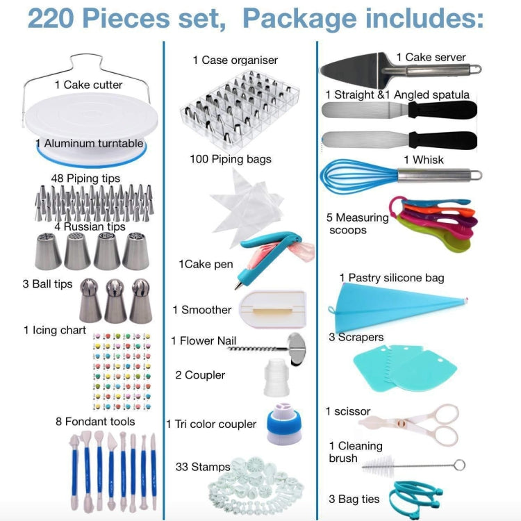 220 in 1 Cake Turntable Decorating Nozzle Set Baking Tool Fondant Mold Set - Food Molds by PMC Jewellery | Online Shopping South Africa | PMC Jewellery