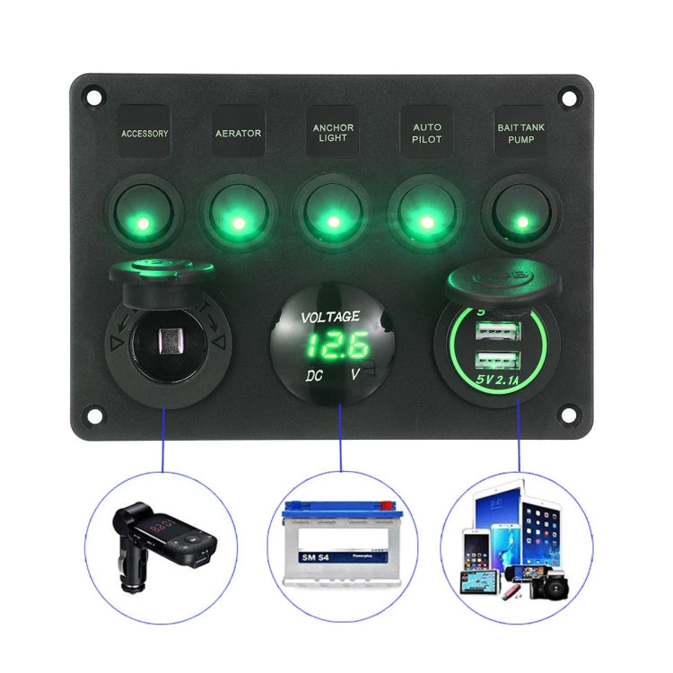 RV Yacht Car Combination Cat Eye Switch Dual USB Car Charging Control Panel With Voltmeter (Green Light) - Car Switches by PMC Jewellery | Online Shopping South Africa | PMC Jewellery | Buy Now Pay Later Mobicred