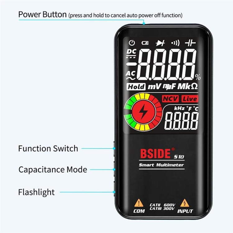 BSIDE Digital Multimeter 9999 Counts LCD Color Display DC AC Voltage Capacitance Diode Meter, Specification: S11 Recharge Version (Black) - Digital Multimeter by BSIDE | Online Shopping South Africa | PMC Jewellery | Buy Now Pay Later Mobicred