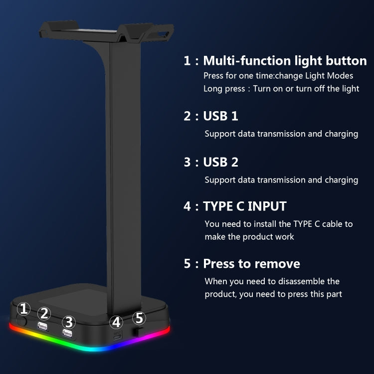 RGBD9 RGB Headset Stand Color-Changing Gaming Headset Stand Gaming Headset Display Stand with Dual USB Ports(Black) - Headset Stand by PMC Jewellery | Online Shopping South Africa | PMC Jewellery | Buy Now Pay Later Mobicred