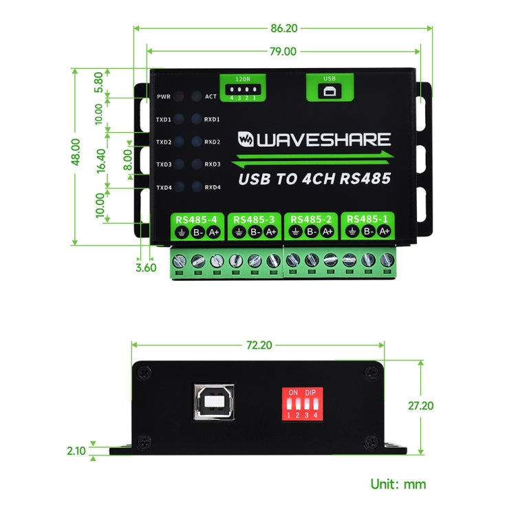 Waveshare 25219 Industrial USB To 4Ch RS485 Converter - Sockets Adapters Accessories by Waveshare | Online Shopping South Africa | PMC Jewellery | Buy Now Pay Later Mobicred