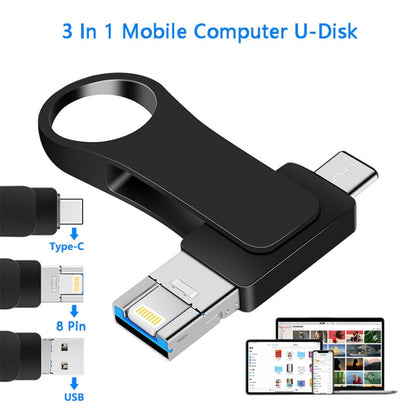 64GB USB 3.0 + 8 Pin + USB-C / Type-C 3 in 1 Mobile Computer Metal U-Disk(Black) - U Disk & Card Reader by PMC Jewellery | Online Shopping South Africa | PMC Jewellery | Buy Now Pay Later Mobicred