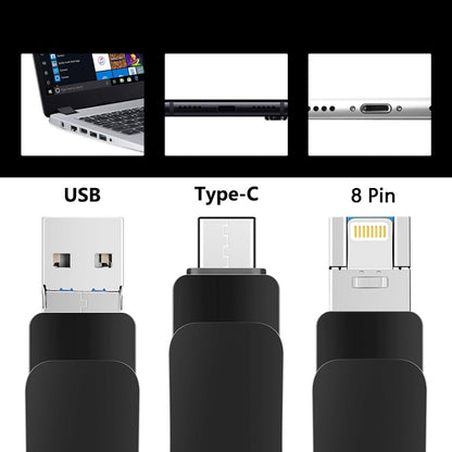 64GB USB 3.0 + 8 Pin + USB-C / Type-C 3 in 1 Mobile Computer Metal U-Disk(Black) - U Disk & Card Reader by PMC Jewellery | Online Shopping South Africa | PMC Jewellery | Buy Now Pay Later Mobicred