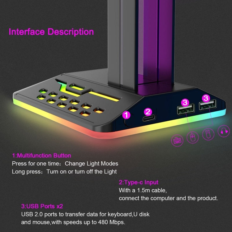 Dual USB RGB Color Changing Gaming Headset Stand(Black) - Headset Stand by PMC Jewellery | Online Shopping South Africa | PMC Jewellery | Buy Now Pay Later Mobicred