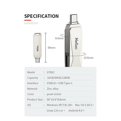 Netac U782C Type-C Dual Interface High-Speed Metal Computer USB Flash Drive, Capacity: 32GB - USB Flash Drives by Netac | Online Shopping South Africa | PMC Jewellery | Buy Now Pay Later Mobicred