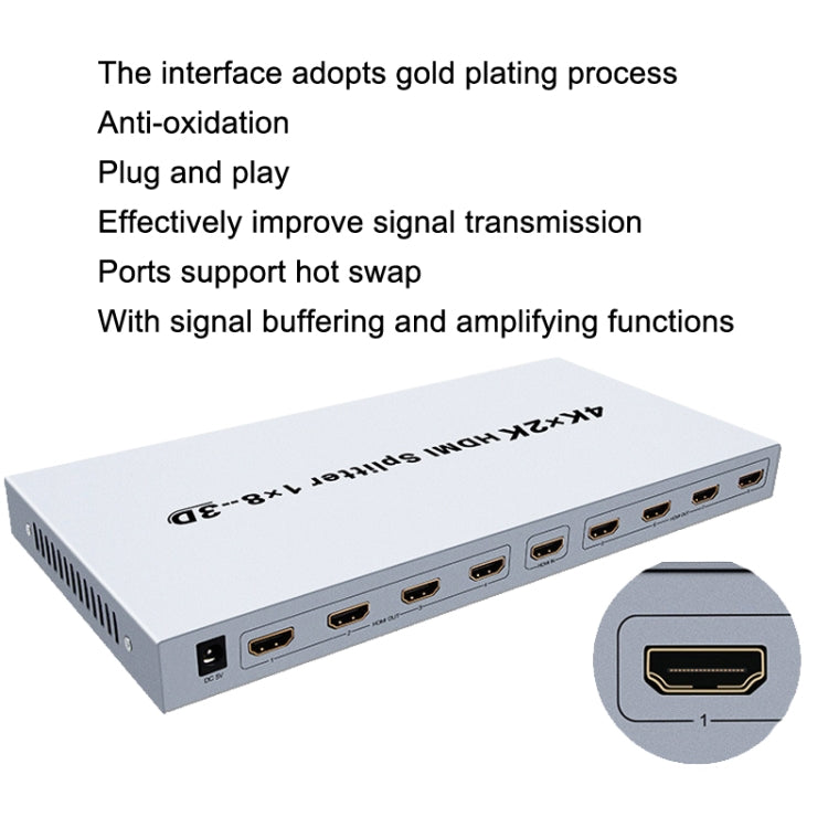 DTECH DT-7148 HDMI 2.0 1 In 8 Out 4K X 2K HD Splitter, CN Plug - Splitter by DTECH | Online Shopping South Africa | PMC Jewellery | Buy Now Pay Later Mobicred