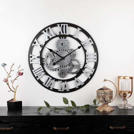 Vintage Wooden Round Gear Silent Wall Clock Rome Number  58cm  6 Gears  Silver - Wall Clock by PMC Jewellery | Online Shopping South Africa | PMC Jewellery