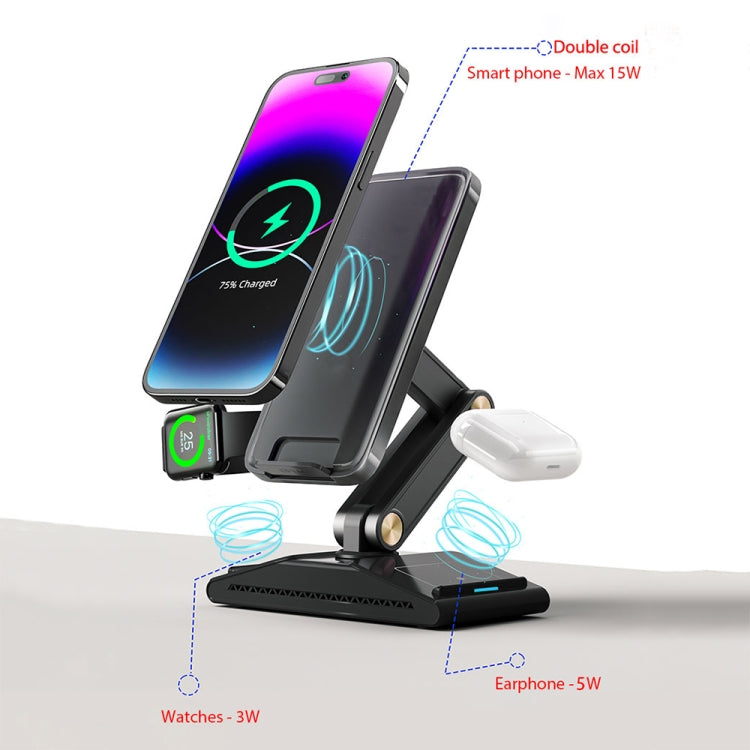 3-In-1 15W Portable Folding Desktop Stand Mobile Phone Wireless Charger(Black) - Wireless Charger by PMC Jewellery | Online Shopping South Africa | PMC Jewellery | Buy Now Pay Later Mobicred