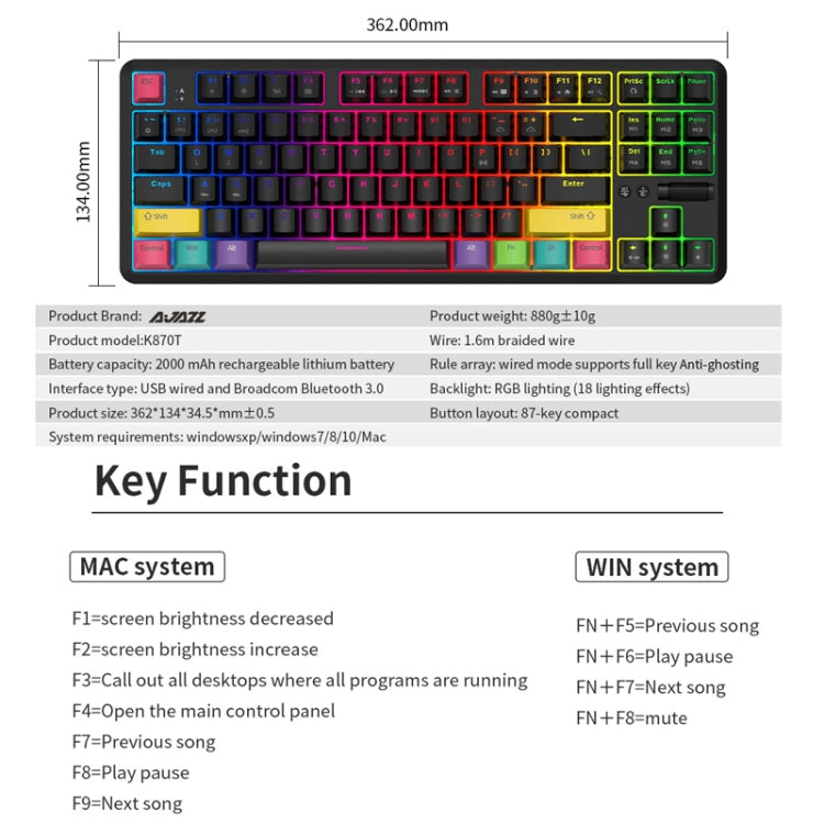 Ajazz K870T 87-Key Hot Swap Bluetooth/Wired Dual Mode RGB Backlight Office Game Mechanical Keyboard Tea Shaft (White) - Wireless Keyboard by Ajazz | Online Shopping South Africa | PMC Jewellery | Buy Now Pay Later Mobicred