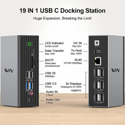 IVIIN D6919 Type-C/USB-C Multifunctional 4K Displaylink Four-Screen Different Display Docking Station, US Plug(19-in-1) - USB HUB by IVIIN | Online Shopping South Africa | PMC Jewellery | Buy Now Pay Later Mobicred