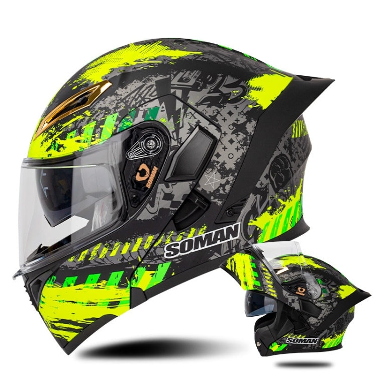 SOMAN Motorcycle Dual Lens Riding Peel-Off Full Coverage Helmet, Size: L(Black Fluorescent Yellow Spark) - Helmets by SOMAN | Online Shopping South Africa | PMC Jewellery | Buy Now Pay Later Mobicred