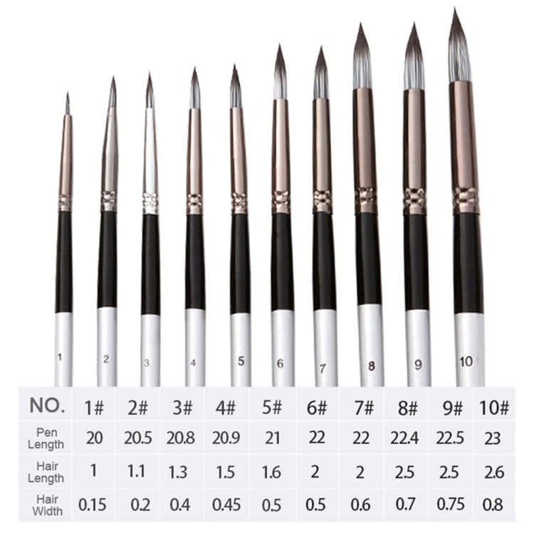 10 In 1 Nylon Hair Watercolor Paint Brush Set Wooden Handle Round Pointed Acrylic Painting Pens(Silver Black) - Art Supplies by PMC Jewellery | Online Shopping South Africa | PMC Jewellery