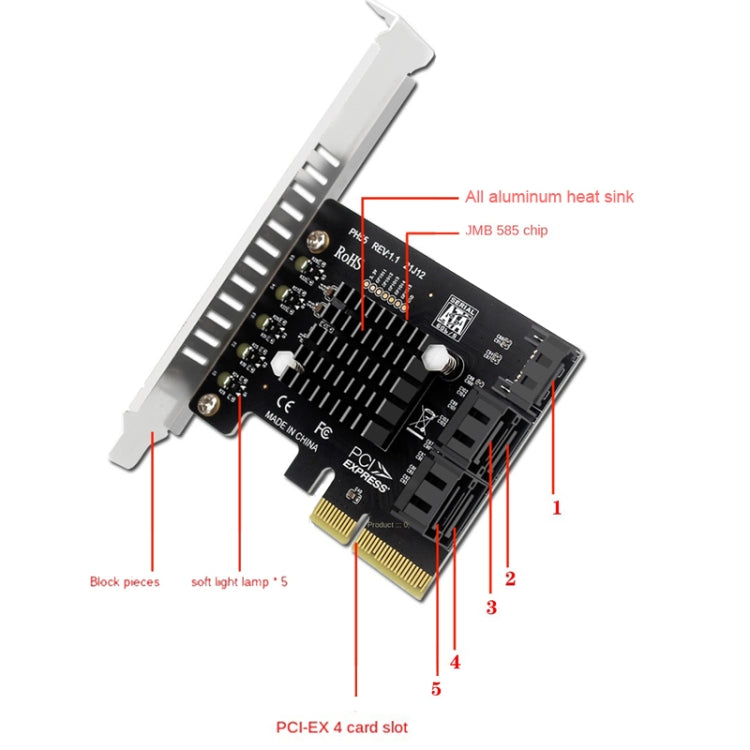 PCI-E To 5 SATA 3.0 Expansion Card(Full High Baffle) - Add-on Cards by PMC Jewellery | Online Shopping South Africa | PMC Jewellery | Buy Now Pay Later Mobicred