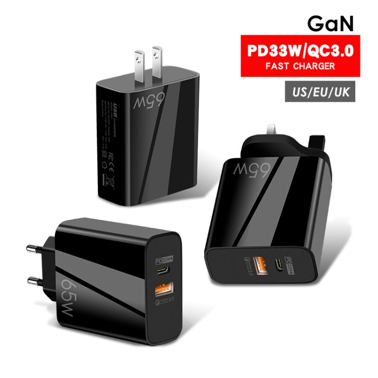 A502 65W USB-C/Type-C+USB Dual Port GaN Charger QC3.0 Laptop Universal Charger US Plug Black - USB Charger by PMC Jewellery | Online Shopping South Africa | PMC Jewellery | Buy Now Pay Later Mobicred