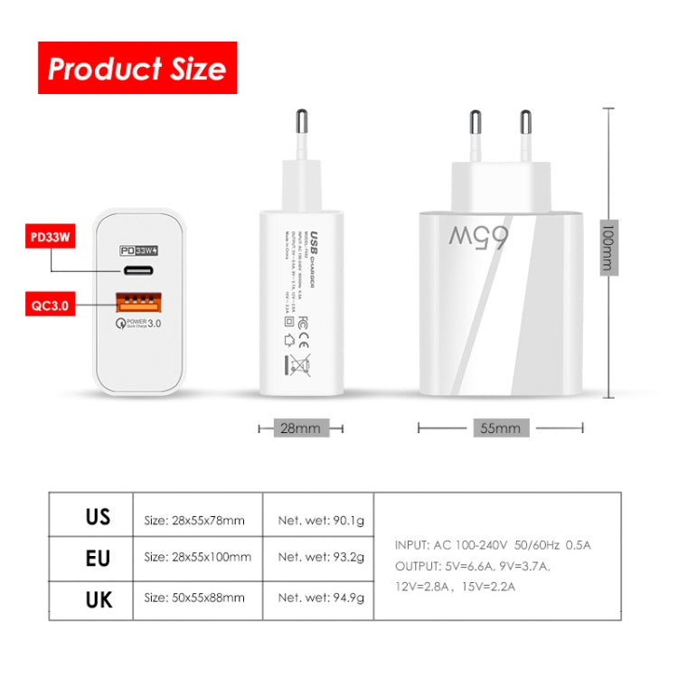 A502 65W USB-C/Type-C+USB Dual Port GaN Charger QC3.0 Laptop Universal Charger US Plug Black - USB Charger by PMC Jewellery | Online Shopping South Africa | PMC Jewellery | Buy Now Pay Later Mobicred