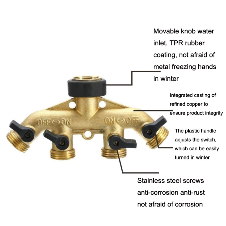 Garden Watering Agricultural Irrigation Family Car Wash Faucet Copper 4-way Ball Valve Water Divider(European Thread) - Watering & Irrigation by PMC Jewellery | Online Shopping South Africa | PMC Jewellery