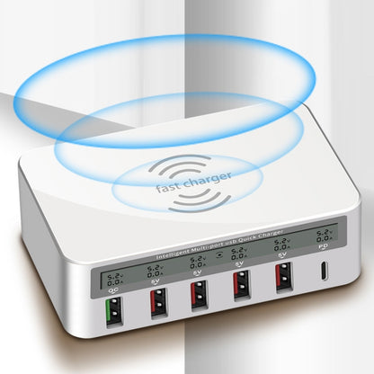 818PF 5 USB Ports + Type-C Smart Digital Display Wireless Phone Charger, Style: EU Plug (White) - Multifunction Charger by PMC Jewellery | Online Shopping South Africa | PMC Jewellery | Buy Now Pay Later Mobicred