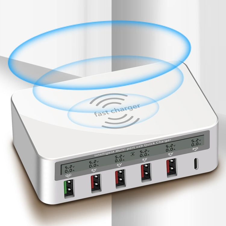 818PF 5 USB Ports + Type-C Smart Digital Display Wireless Phone Charger, Style: AU Plug (White) - Multifunction Charger by PMC Jewellery | Online Shopping South Africa | PMC Jewellery | Buy Now Pay Later Mobicred