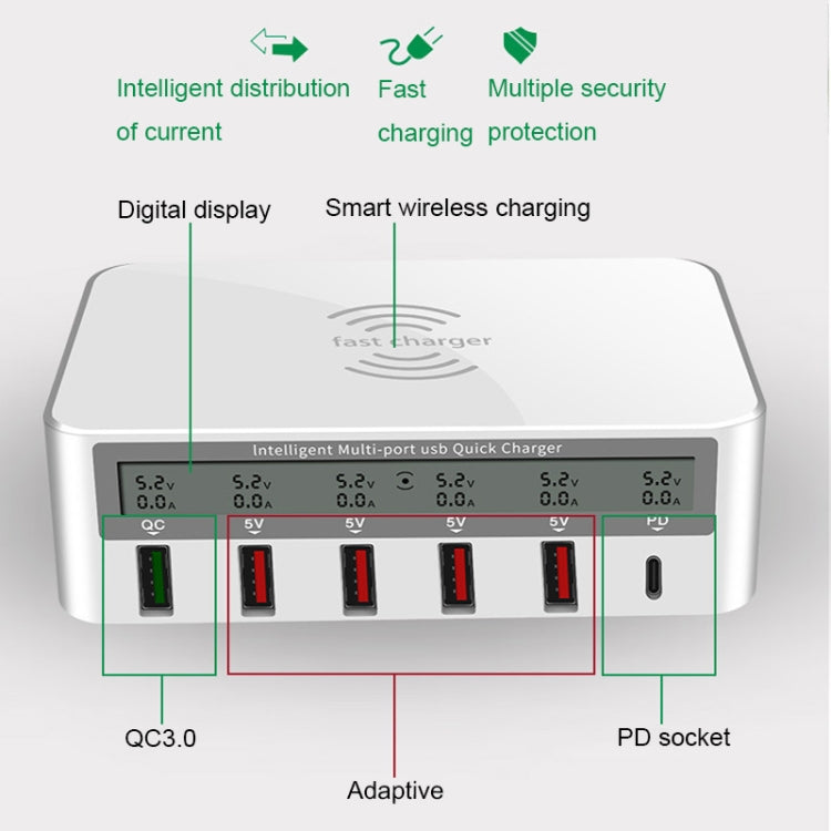 818PF 5 USB Ports + Type-C Smart Digital Display Wireless Phone Charger, Style: UK Plug (White) - Multifunction Charger by PMC Jewellery | Online Shopping South Africa | PMC Jewellery | Buy Now Pay Later Mobicred