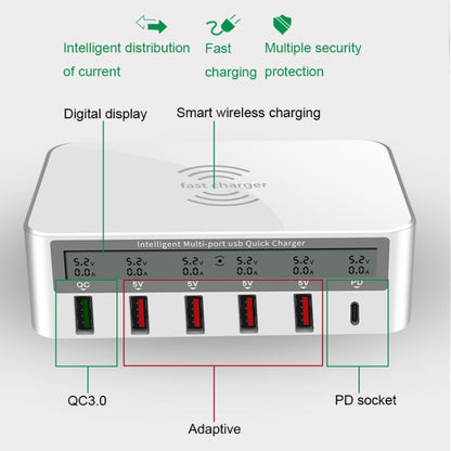 818PF 5 USB Ports + Type-C Smart Digital Display Wireless Phone Charger, Style: AU Plug (White) - Multifunction Charger by PMC Jewellery | Online Shopping South Africa | PMC Jewellery | Buy Now Pay Later Mobicred