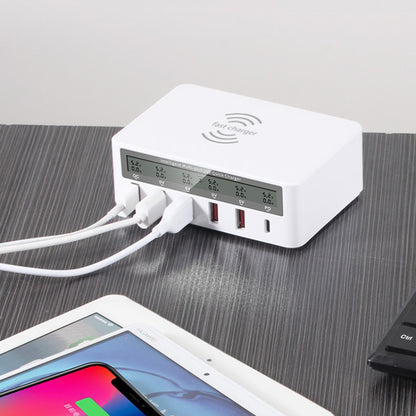 818PF 5 USB Ports + Type-C Smart Digital Display Wireless Phone Charger, Style: EU Plug (White) - Multifunction Charger by PMC Jewellery | Online Shopping South Africa | PMC Jewellery | Buy Now Pay Later Mobicred