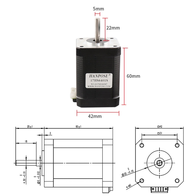 HANPOSE  17HS6401S 12V 1.7A 60mm 70N.cm  4-lead Stepper Motor - Parts by HANPOSE | Online Shopping South Africa | PMC Jewellery | Buy Now Pay Later Mobicred