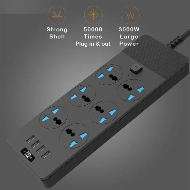 TB-T12 3000W 2m 4-USB Ports + 6-Jacks Multifunctional Flame-Retardant Socket With Switch(UK Plug) - Extension Socket by PMC Jewellery | Online Shopping South Africa | PMC Jewellery | Buy Now Pay Later Mobicred