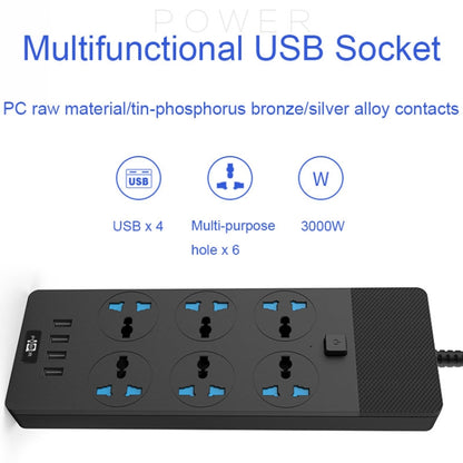 TB-T12 3000W 2m 4-USB Ports + 6-Jacks Multifunctional Flame-Retardant Socket With Switch(EU Plug) - Extension Socket by PMC Jewellery | Online Shopping South Africa | PMC Jewellery | Buy Now Pay Later Mobicred