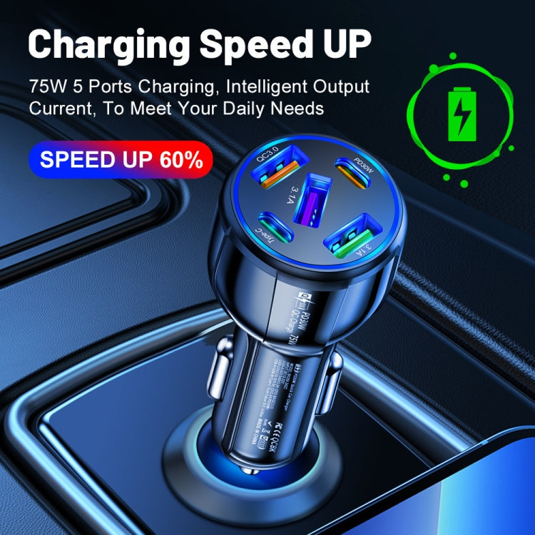 3USB+2PD 75W Dual Line Car Mobile Phone Fast Charging Charger(Black) - Car Charger by PMC Jewellery | Online Shopping South Africa | PMC Jewellery | Buy Now Pay Later Mobicred