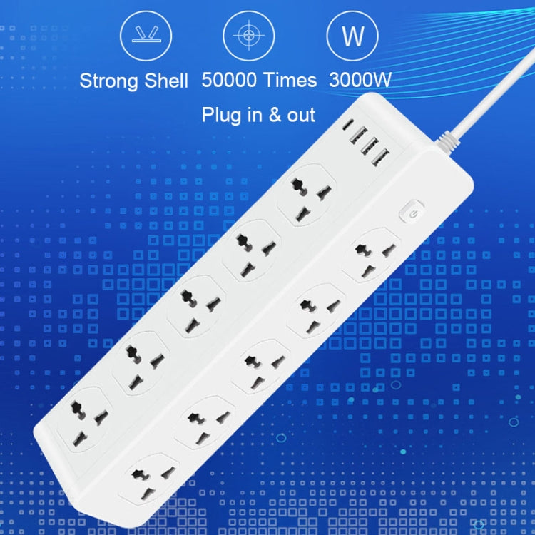 D15 2m 3000W 10 Plugs + PD + 3-USB Ports Vertical Socket With Switch, Specification: Three-pin US Plug - Extension Socket by PMC Jewellery | Online Shopping South Africa | PMC Jewellery | Buy Now Pay Later Mobicred