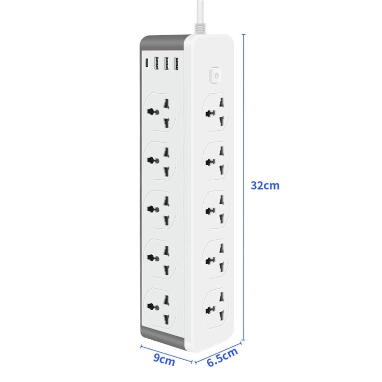 D15 2m 3000W 10 Plugs + PD + 3-USB Ports Vertical Socket With Switch, Specification: Three-pin US Plug - Extension Socket by PMC Jewellery | Online Shopping South Africa | PMC Jewellery | Buy Now Pay Later Mobicred