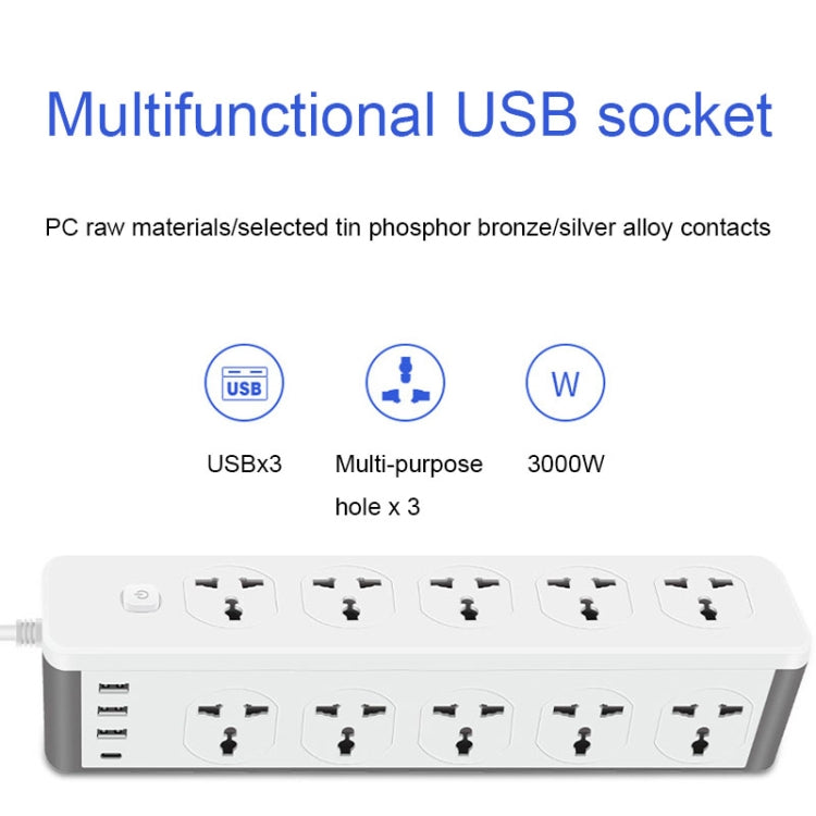 D15 2m 3000W 10 Plugs + PD + 3-USB Ports Vertical Socket With Switch, Specification: UK Plug - Extension Socket by PMC Jewellery | Online Shopping South Africa | PMC Jewellery | Buy Now Pay Later Mobicred