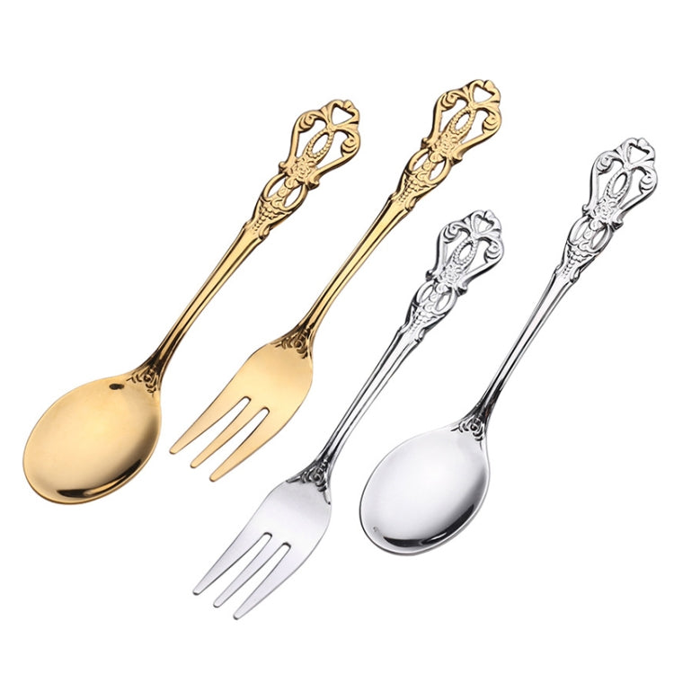 2pcs /Pack Retro Openwork Carved Dessert Spoon Fork Set Engraved Cutlery Gift Box, Style: Pink Box (Gold) - Cutlery Sets by PMC Jewellery | Online Shopping South Africa | PMC Jewellery