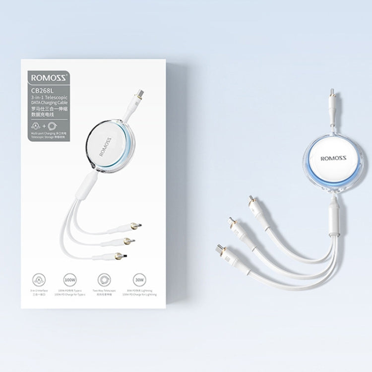 ROMOSS PD100W 3-In-1 Retractable Data Cable Type-C/USB-C To 8 Pin & Type-C & Micro Line 1.1m (White) - Multifunction Cable by ROMOSS | Online Shopping South Africa | PMC Jewellery | Buy Now Pay Later Mobicred