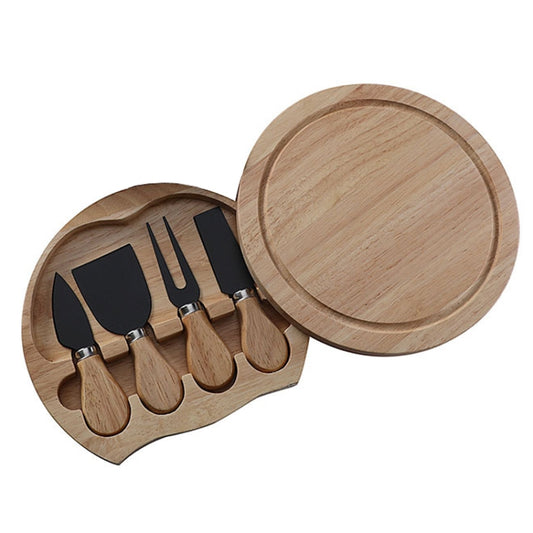 4pcs /Set Round Oak Box Cheese Knife Spatula Stainless Steel Cheese Tools Cutlery, Color: Black - Baking Pastry Tools by PMC Jewellery | Online Shopping South Africa | PMC Jewellery