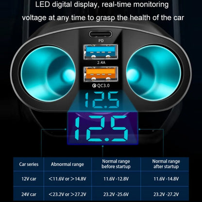 Dual USB Type-C Real-time Digital Display Cigarette Lighter Expansion Car Charger, Model: PD+QC3.0+2.4A Dual A+C - Car Charger by PMC Jewellery | Online Shopping South Africa | PMC Jewellery | Buy Now Pay Later Mobicred