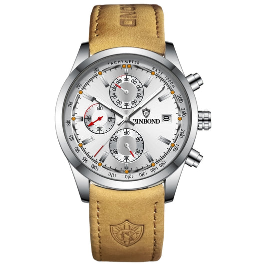 BINBOND B6022 30m Waterproof Luminous Multifunctional Quartz Watch, Color: Leather-White Steel-White - Leather Strap Watches by BINBOND | Online Shopping South Africa | PMC Jewellery